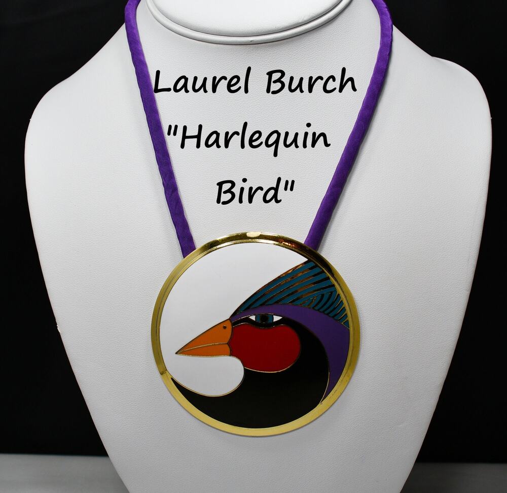 Laurel Burch "Harlequin Bird" Large Pendant Necklace, Silk Cord, 1980s Vintage